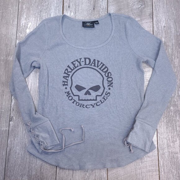 Harley Davidson Shirt Womens Large Gray Willie G Skull Laced Cuff Thermal Top - Picture 1 of 7